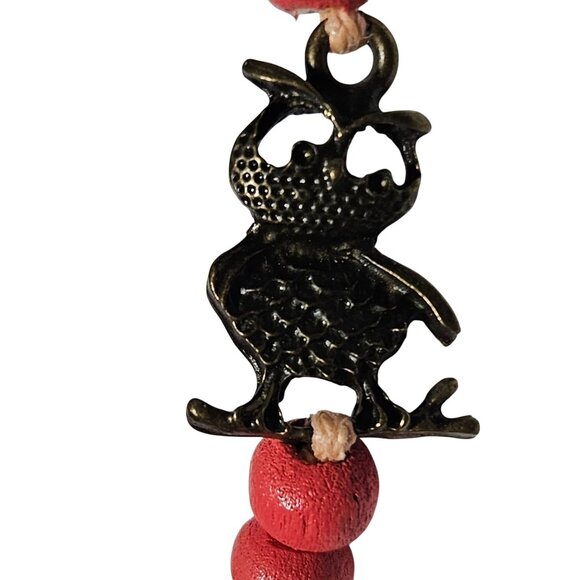 Rustic Brass Owl Charm Bracelet Red Wooden Beaded Natural Cord Tie Boho Jewelry - Picture 3 of 6